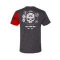 Back view of MOS Apparel 13F Fister t-shirt in dark heather gray with skull and artillery graphic, veteran-owned military apparel