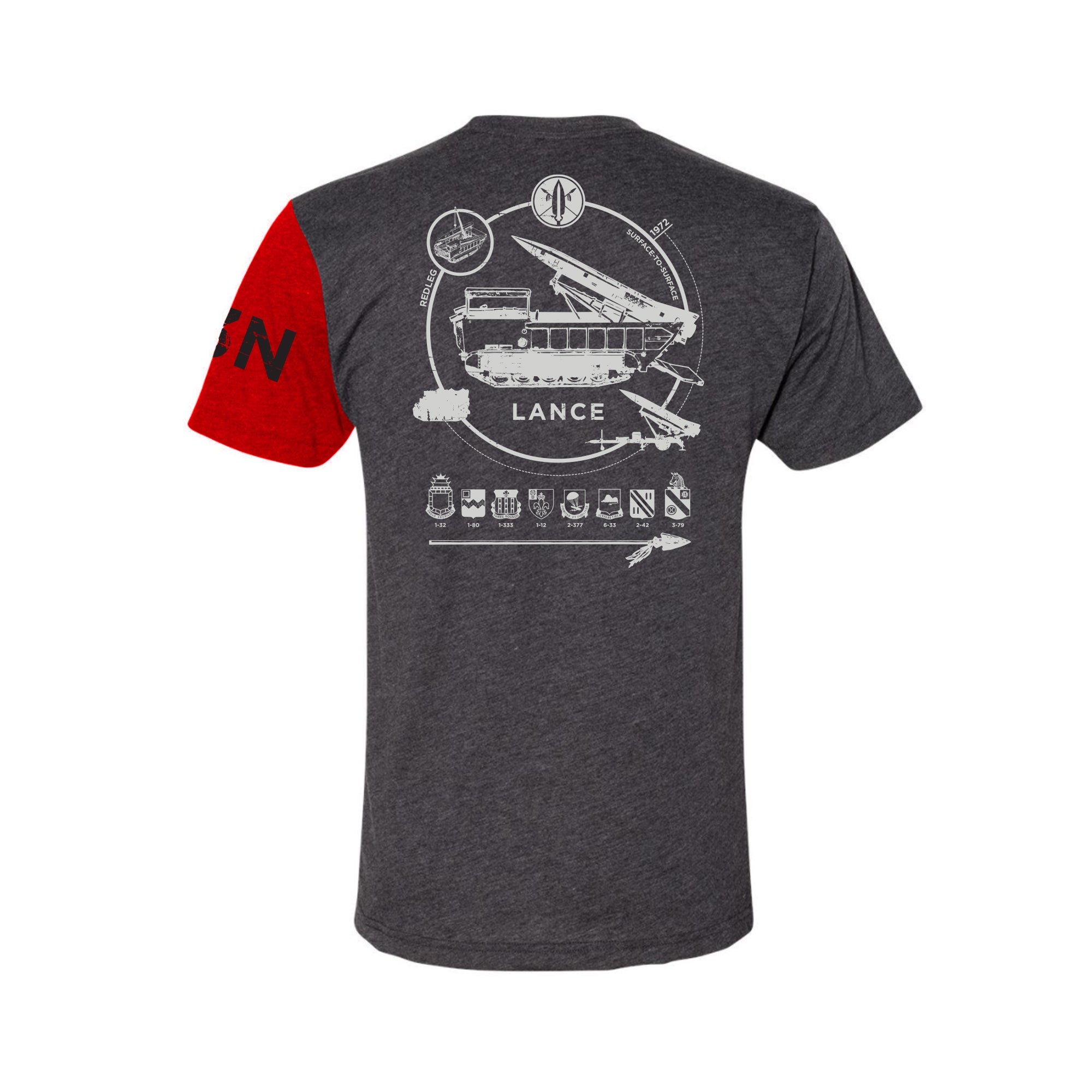 Back view of MOS Apparel 13N LANCE artillery t-shirt in dark heather gray with missile launcher graphic and red sleeve, veteran-owned military apparel