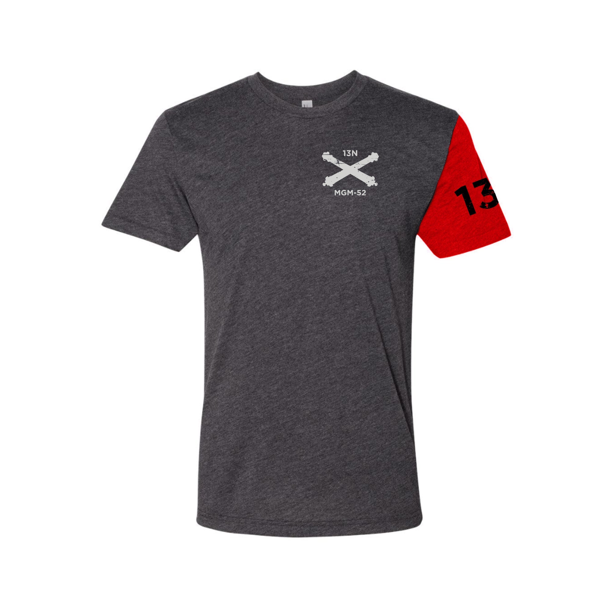 MOS Apparel 13N LANCE artillery t-shirt in dark heather gray with red sleeve, veteran-owned military apparel