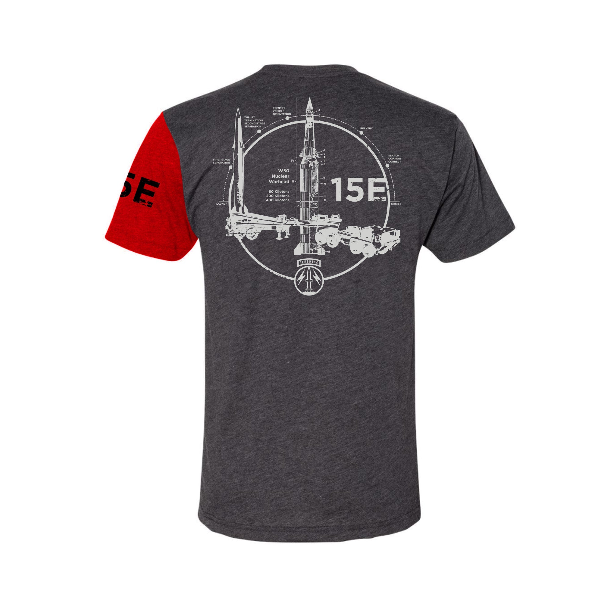 Back view of MOS Apparel 15E Pershing Missile t-shirt in dark heather gray with missile system graphic, veteran-owned military apparel