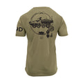 Back view of MOS Apparel 19D Cavalry Scout t-shirt in coyote brown with armored vehicle graphic, veteran-owned military apparel