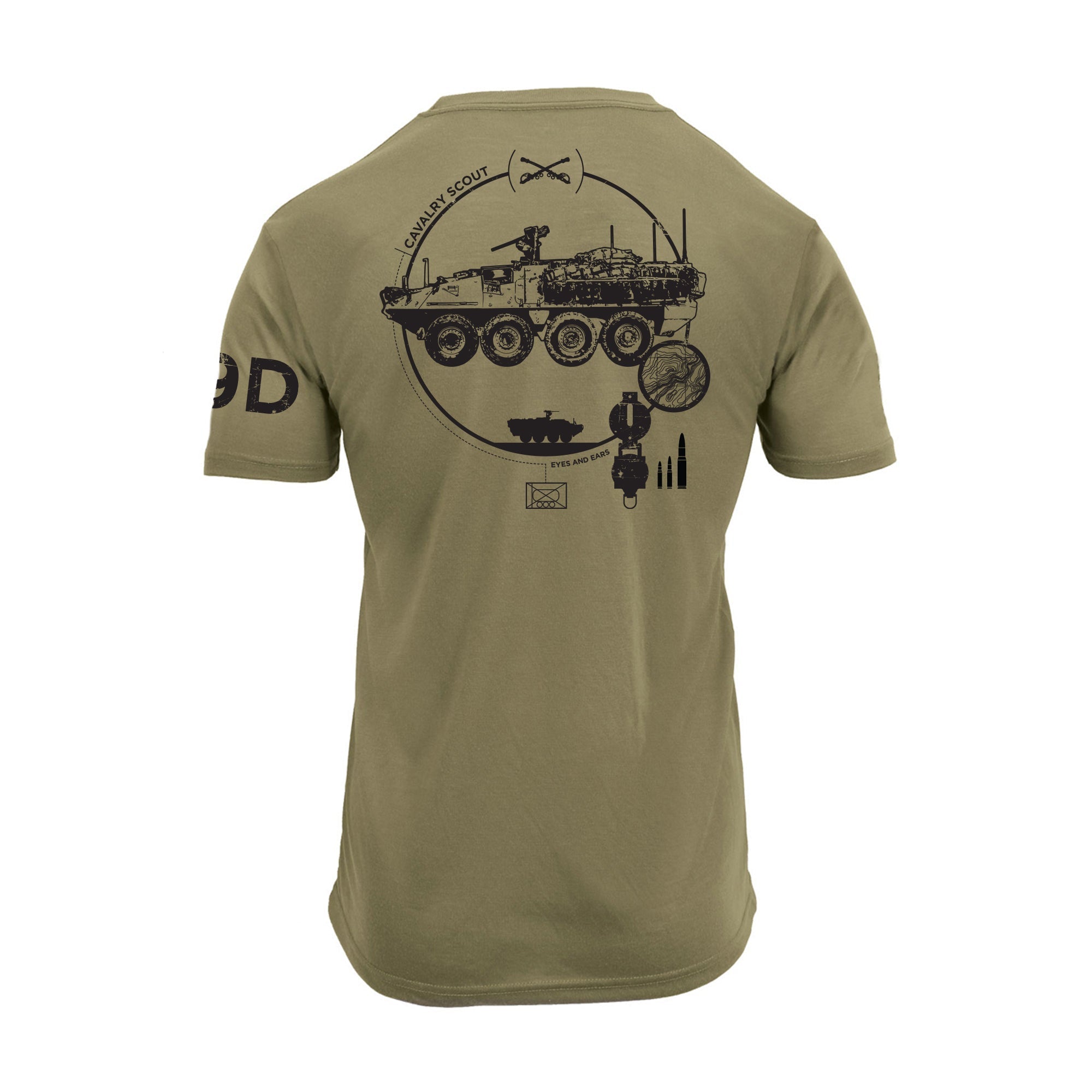 Back view of MOS Apparel 19D Cavalry Scout t-shirt in coyote brown with armored vehicle graphic, veteran-owned military apparel