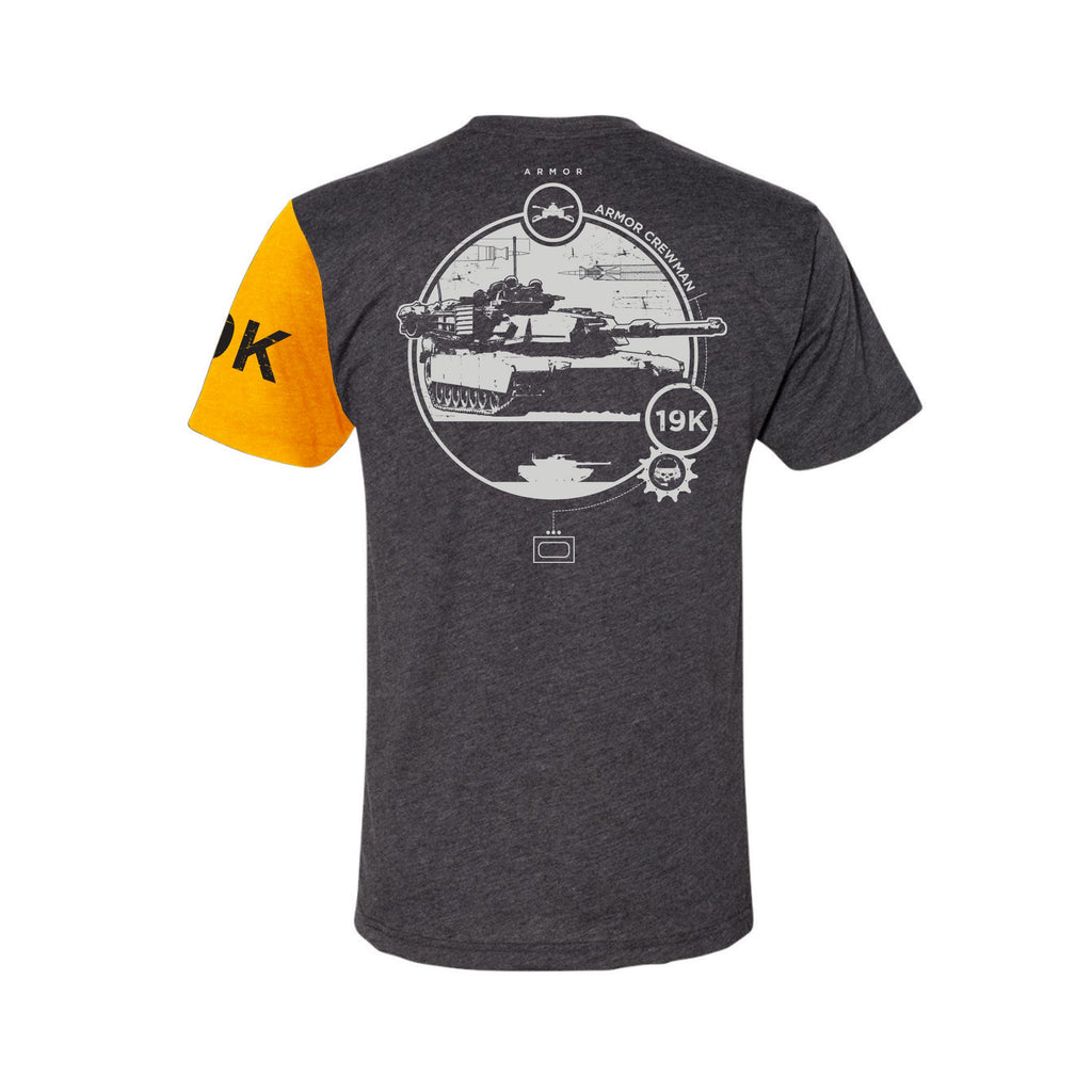 Back view of MOS Apparel 19K Armor Crewman t-shirt in dark heather gray with tank graphic and yellow sleeve, veteran-owned military apparel