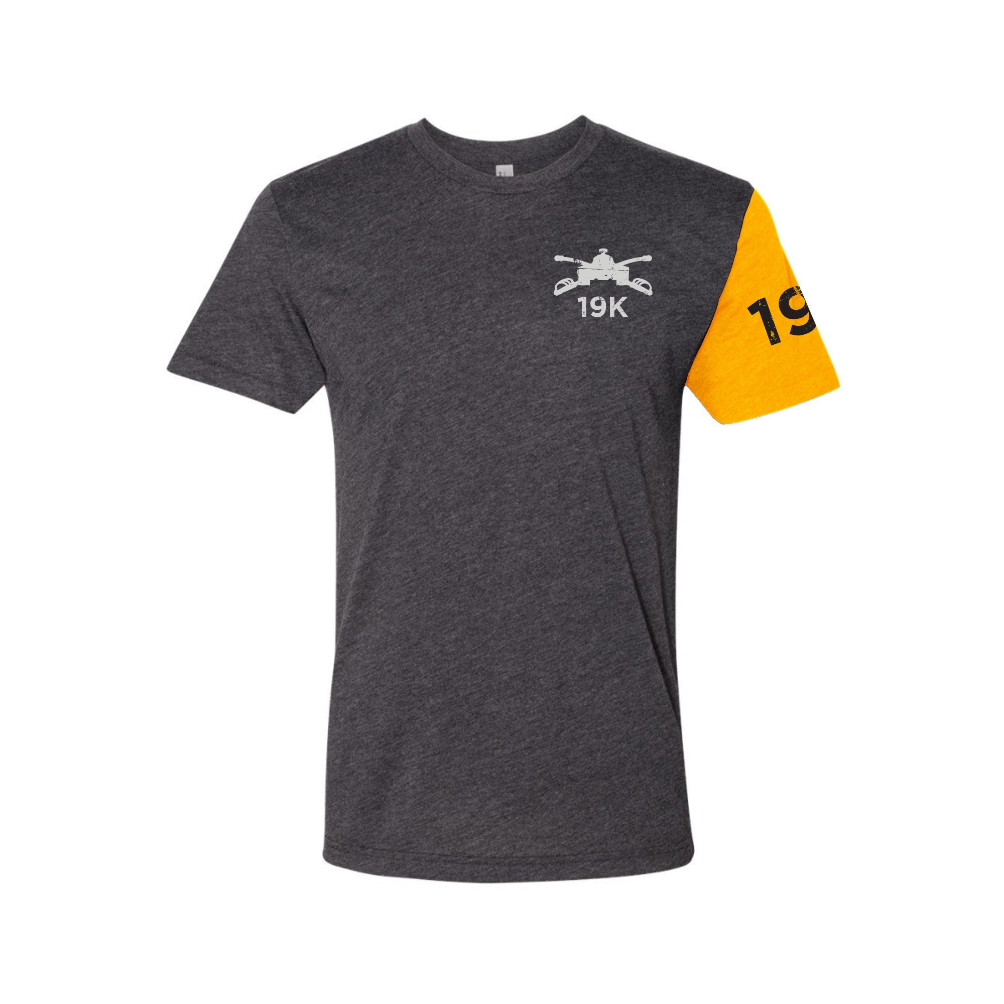 MOS Apparel 19K Armor Crewman t-shirt in dark heather gray with yellow sleeve, veteran-owned military apparel