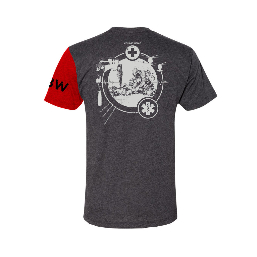 Back view of MOS Apparel 68W Combat Medic t-shirt in dark heather gray with combat medic graphic and red sleeve, veteran-owned military apparel