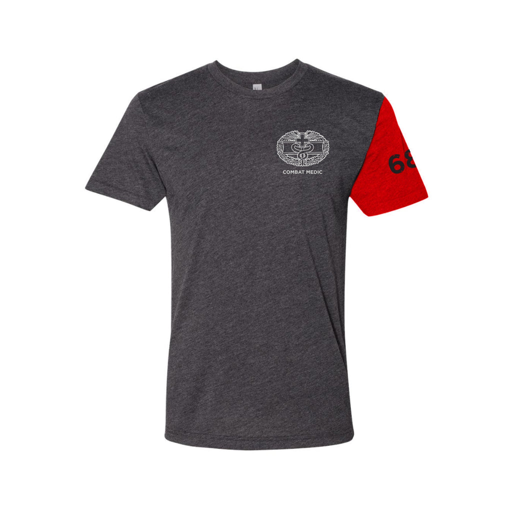 MOS Apparel 68W Combat Medic t-shirt in dark heather gray with red sleeve, veteran-owned military apparel