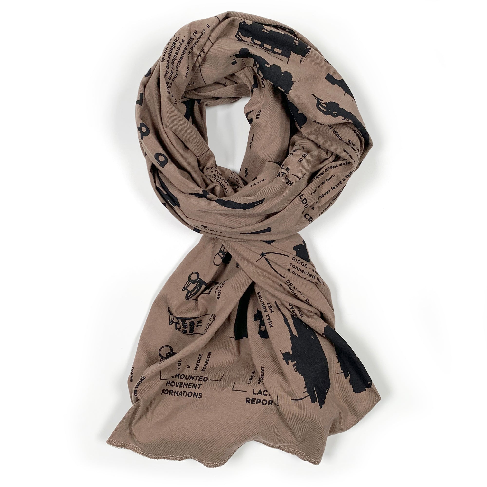 MOS Apparel army scarf with military training graphics, veteran-owned military apparel