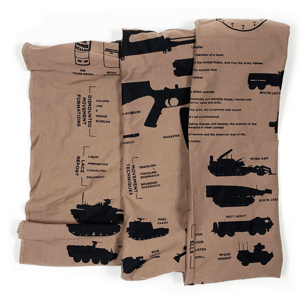 MOS Apparel army reference scarf design featuring weapons, formations, vehicles, and military terminology diagrams, veteran-owned military apparel