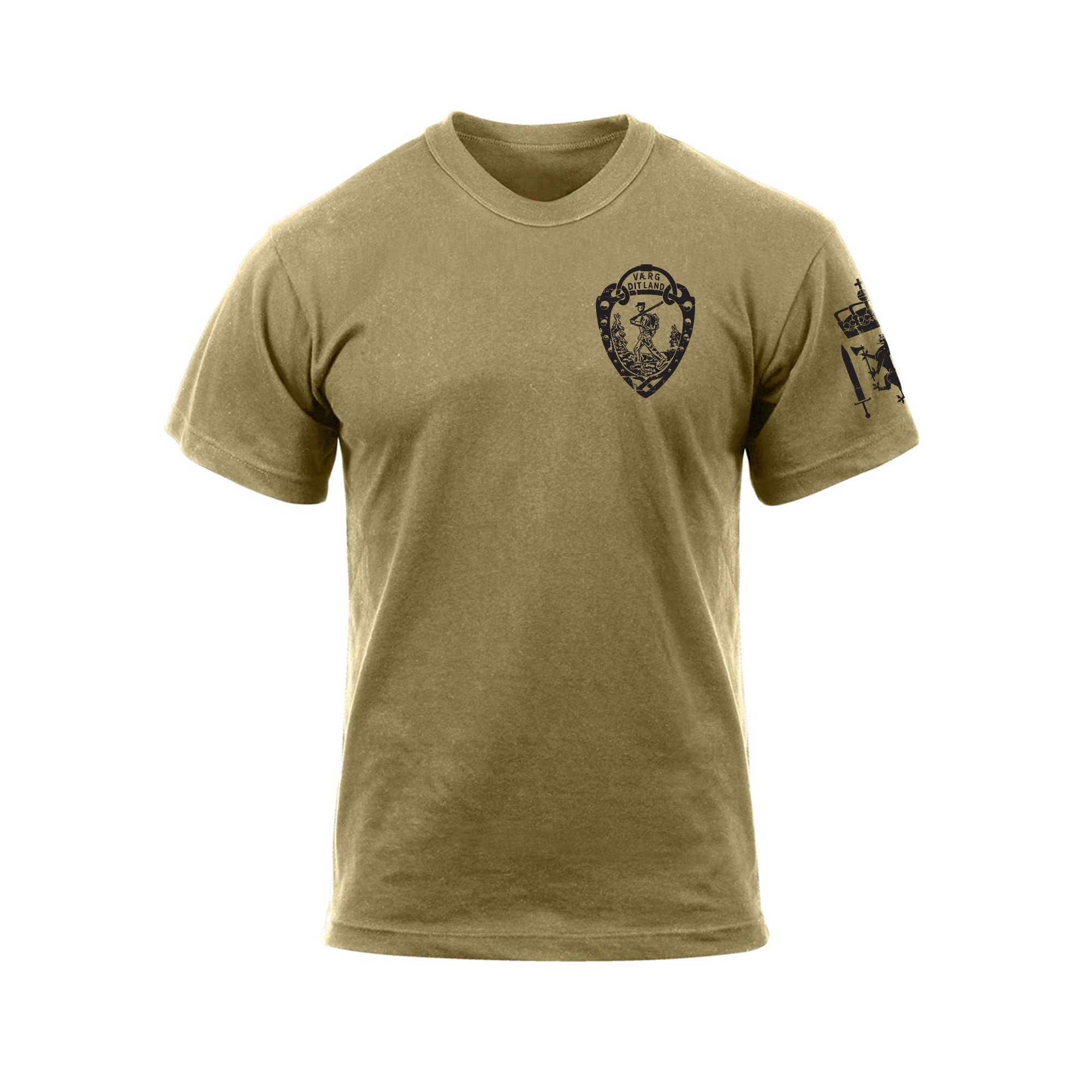 MOS Apparel Norwegian Foot March t-shirt in coyote brown with march insignia, veteran-owned military apparel
