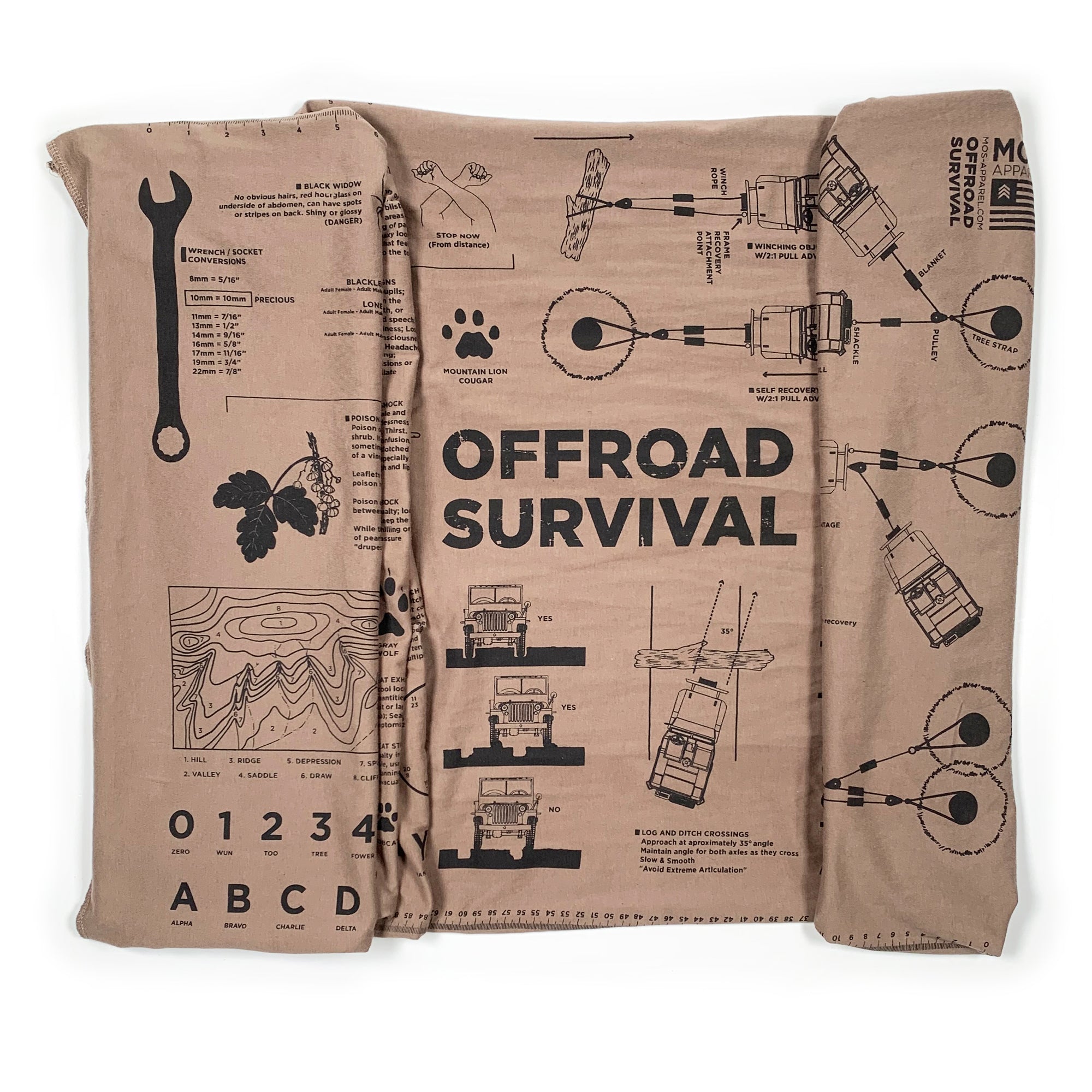 MOS Apparel offroad survival scarf design featuring vehicle recovery diagrams and survival instructions, veteran-owned military apparel