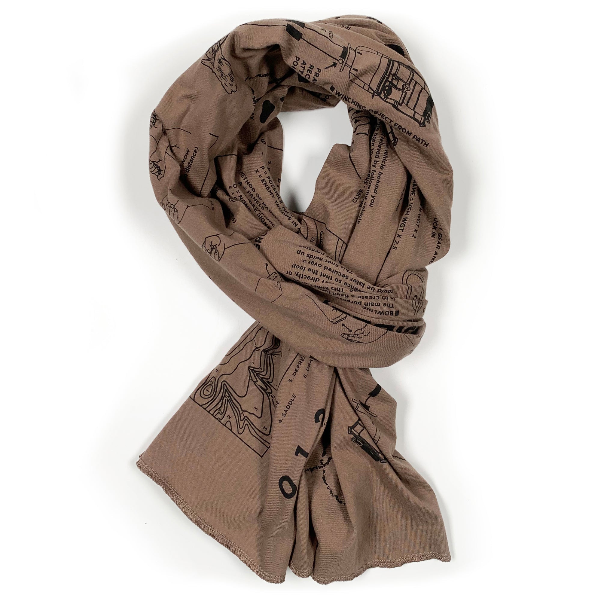 MOS Apparel offroad survival scarf design featuring vehicle recovery diagrams and survival instructions, veteran-owned military apparel