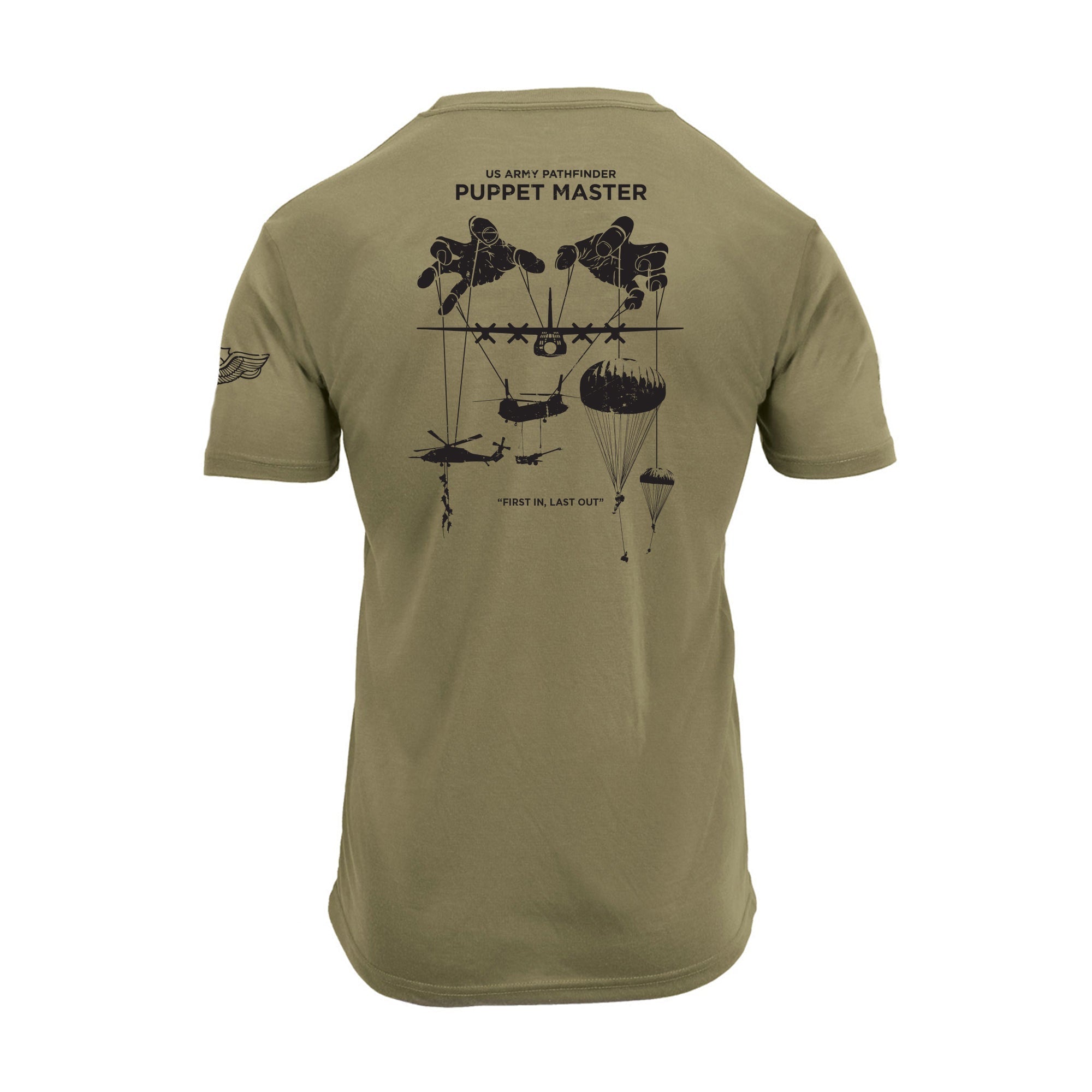 Back view of MOS Apparel Pathfinder t-shirt in coyote brown with US Army Pathfinder puppet master graphic, veteran-owned military apparel