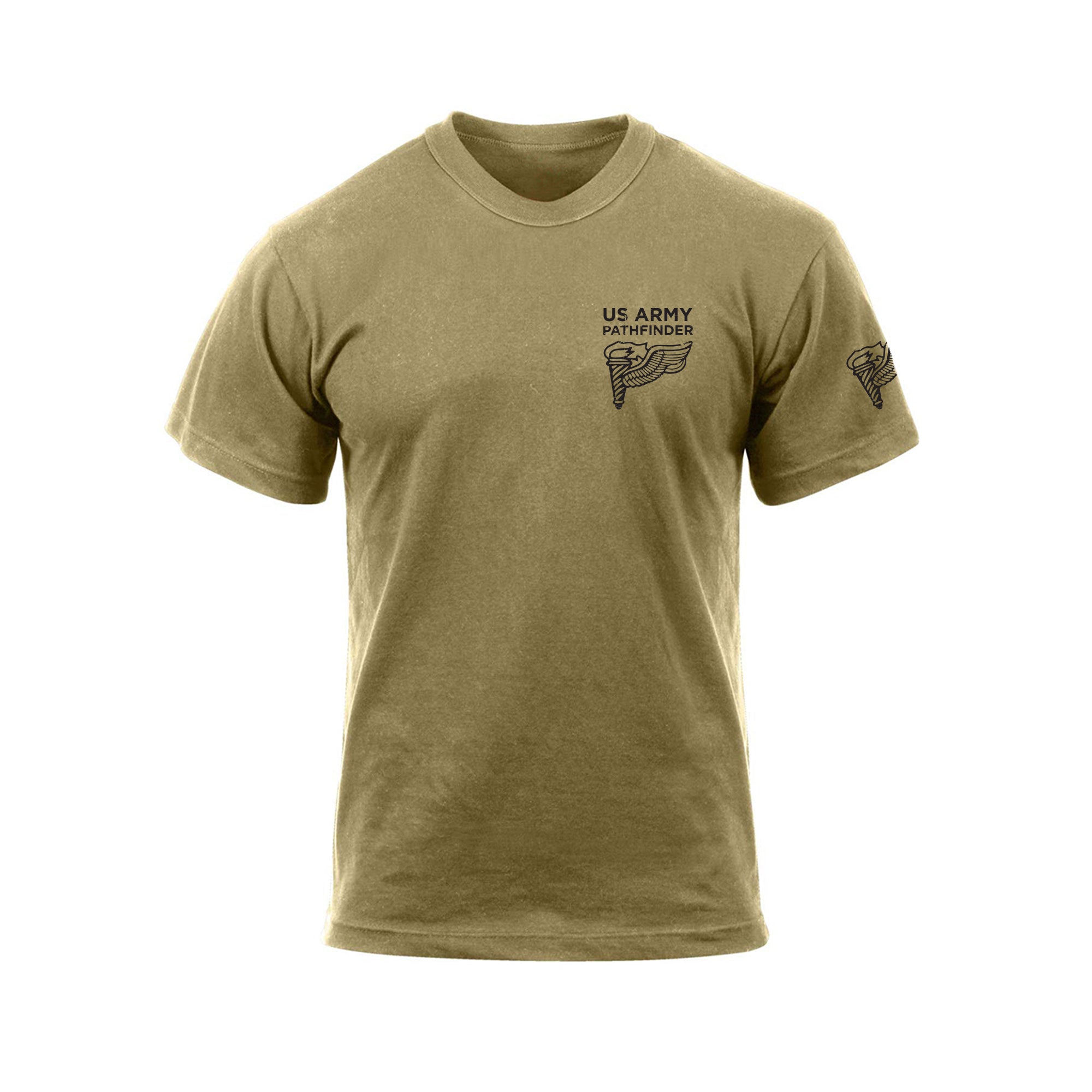MOS Apparel Pathfinder t-shirt in coyote brown with US Army Pathfinder insignia, veteran-owned military apparel