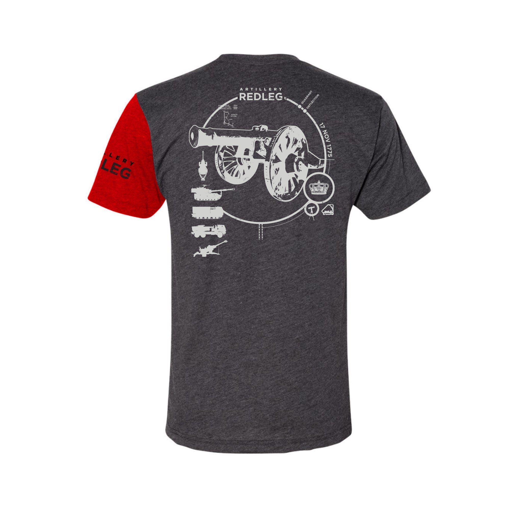 Back view of MOS Apparel REDLEG artillery t-shirt in dark heather gray with cannon graphic and red sleeve, veteran-owned military apparel